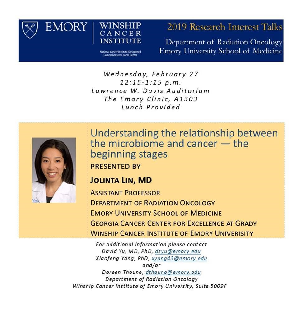 Flyer for Research Interest talk with Jolinta Lin, MD on Feb. 27, 2019 at 12:15pm in A1303