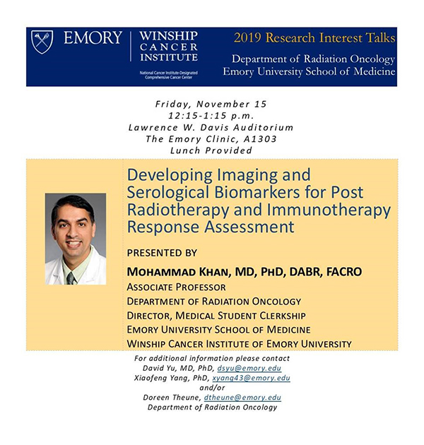 Flyer for Mohammad Khan's Radiation Oncology Research Interest Talk