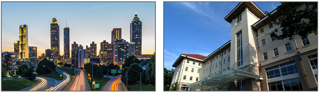 Atlanta skyline and Winship Cancer Institute building